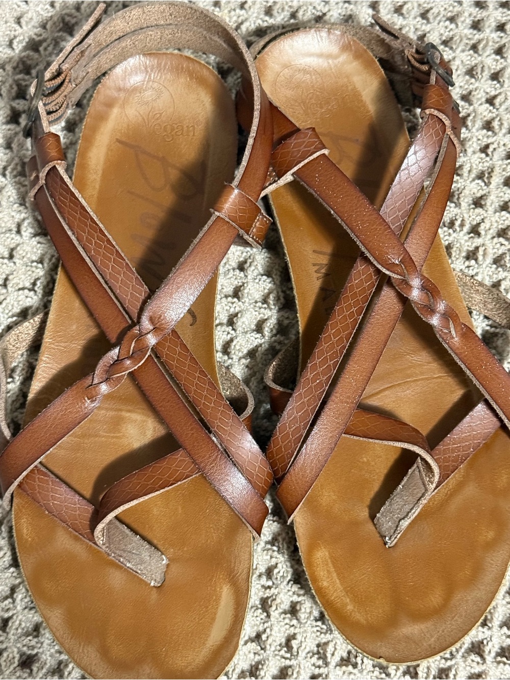 101. Blowfish Malibu Granola Brown Vegan Leather Cross-Strap Sandals Size 7